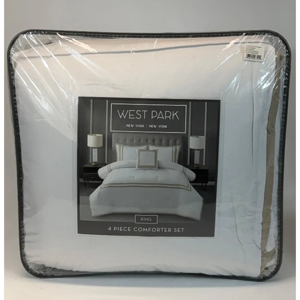 West Park New York Border Pattern White/Taupe King 4-Piece Comforter Set